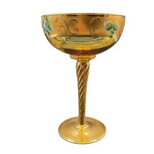 Vtg Venetian Libation Gold Glass Goblet Hand-Painted Floral Design & Twisted Ste